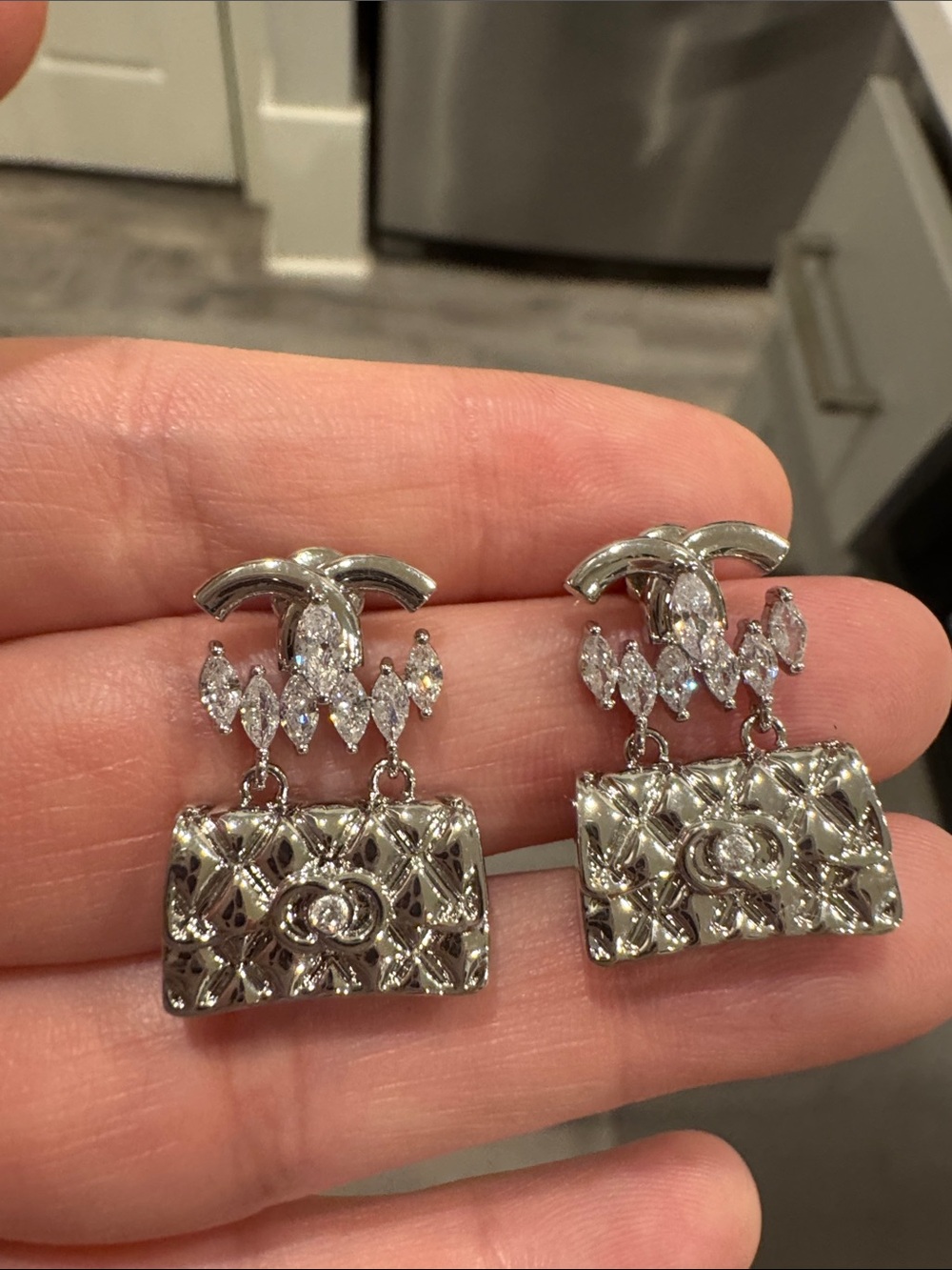 Silver Tone Sparkling CZ Quilted Purse Dangle Earrings